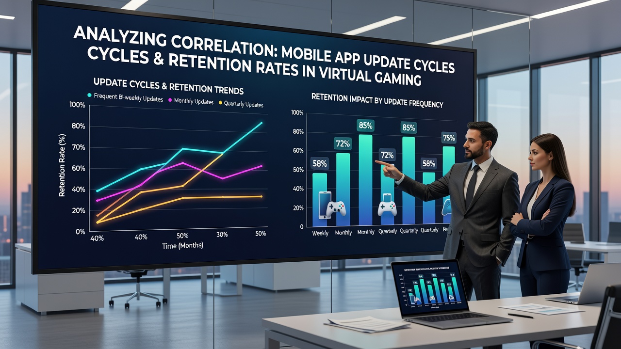 Analytics chart displaying update cycle intervals alongside monthly retention rate trends for gaming portals