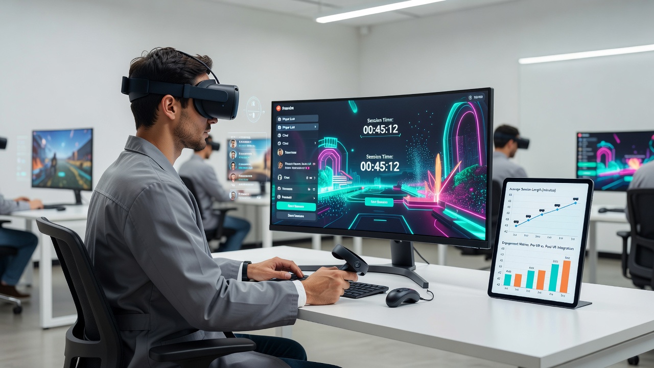 Virtual reality headset overlay on a traditional online gaming interface showing extended session metrics
