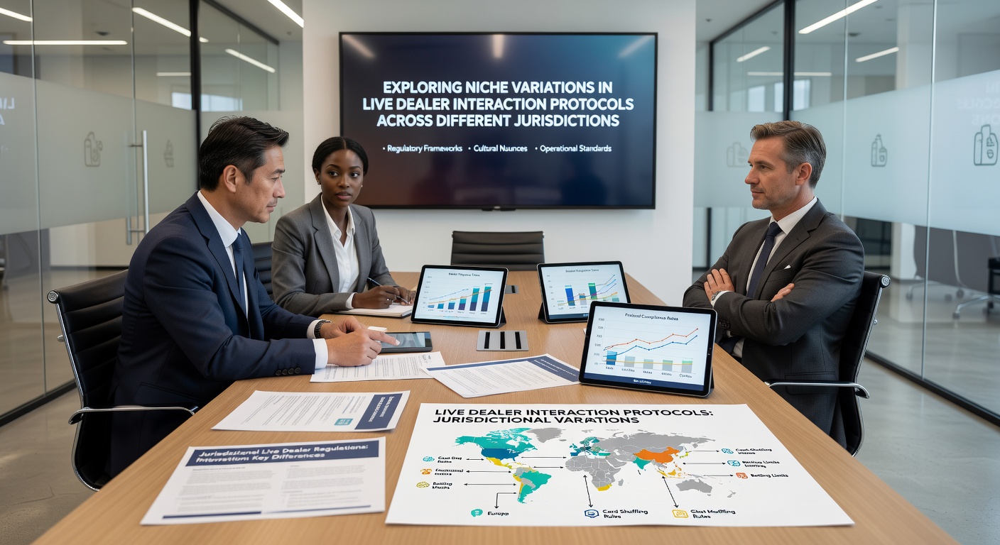 Close-up view of live dealer table with multilingual signage and regulatory compliance notices displayed for players across different time zones
