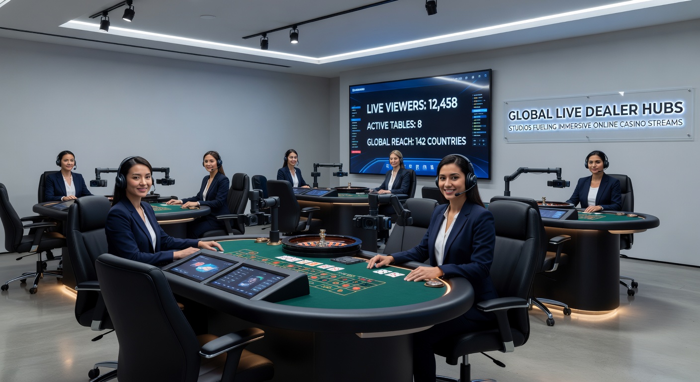 A bustling live dealer studio with multiple roulette tables and high-definition cameras capturing every spin in real time