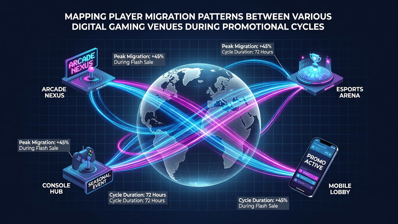 Analytics dashboard displaying migration flows and promotional impact metrics across digital gaming platforms