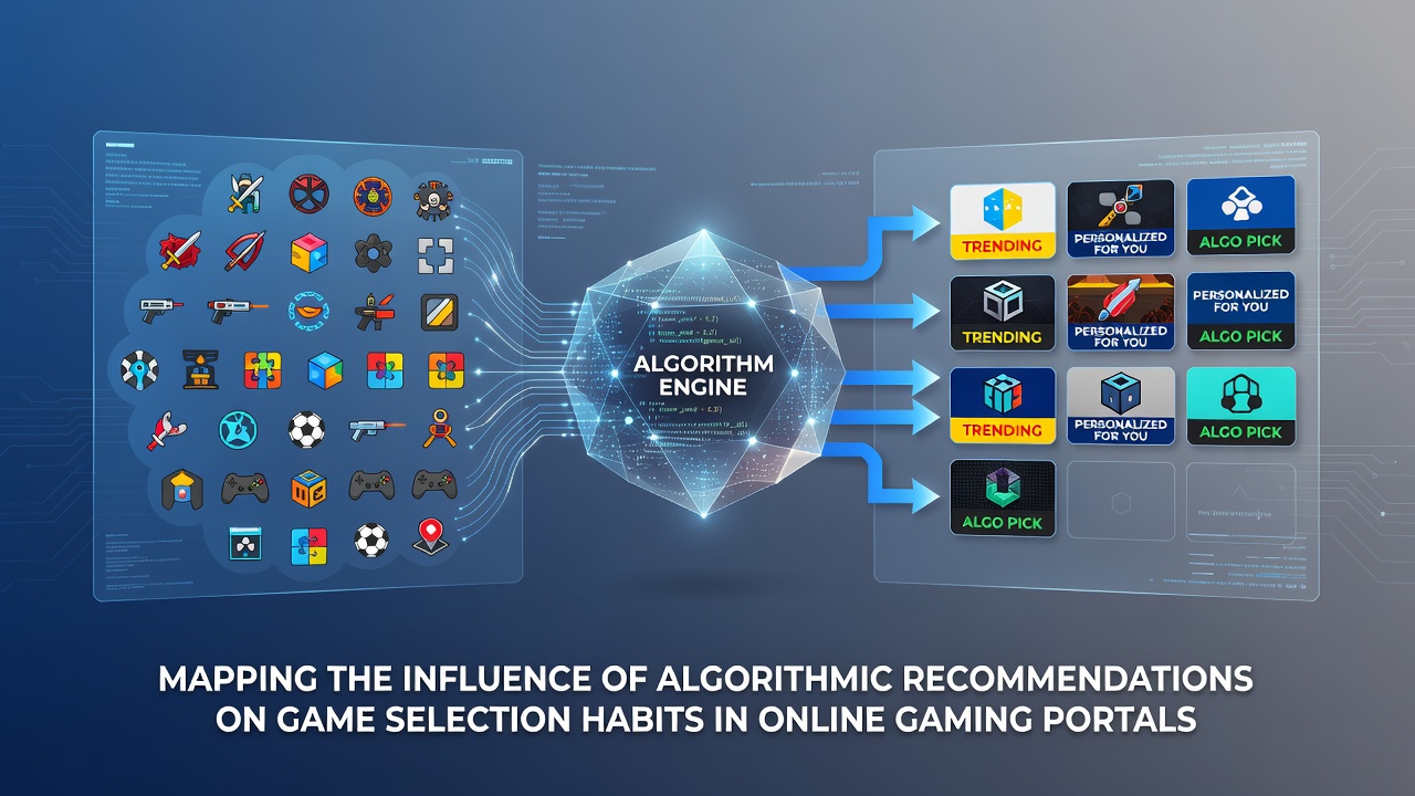 Diagram showing algorithmic recommendation pathways in online gaming portals with player selection data flows