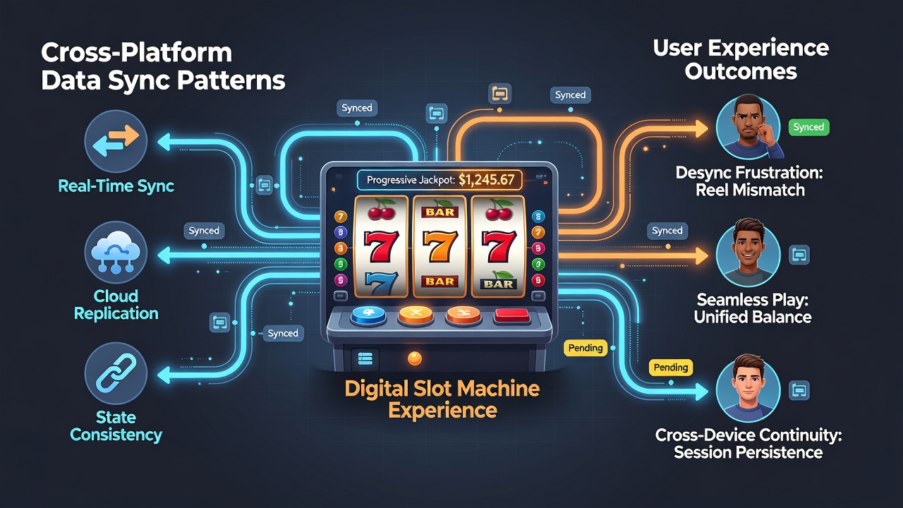 Data flow diagrams illustrating synchronization patterns between slot simulation platforms