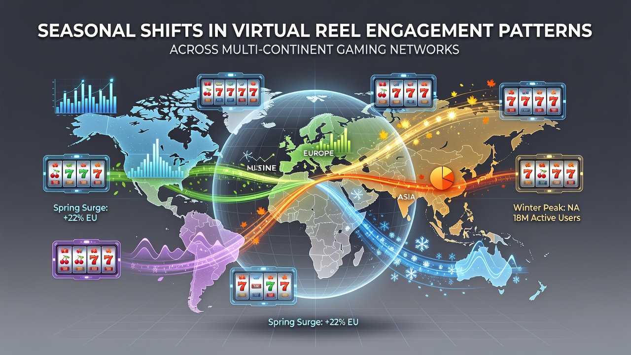 Global gaming networks showing virtual reel activity maps across continents during seasonal transitions