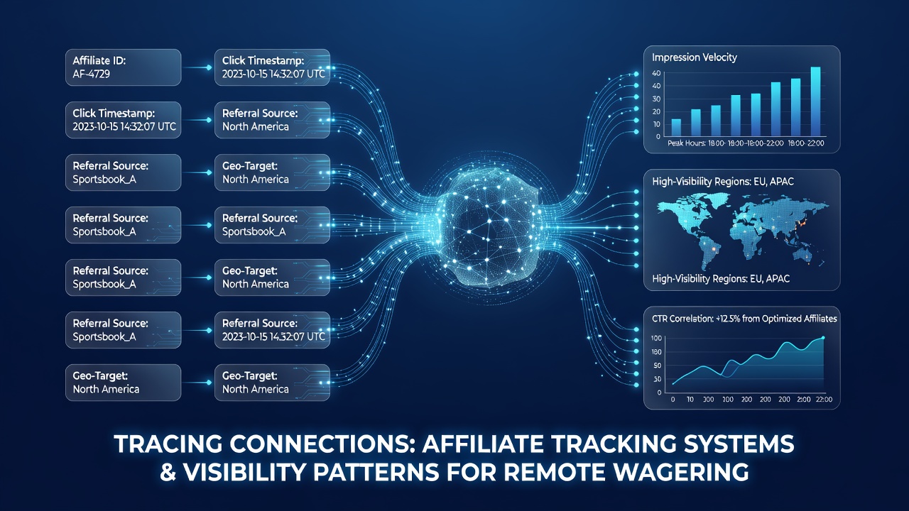 Network diagram showing data flows between affiliate tracking systems and regional visibility metrics for wagering platforms
