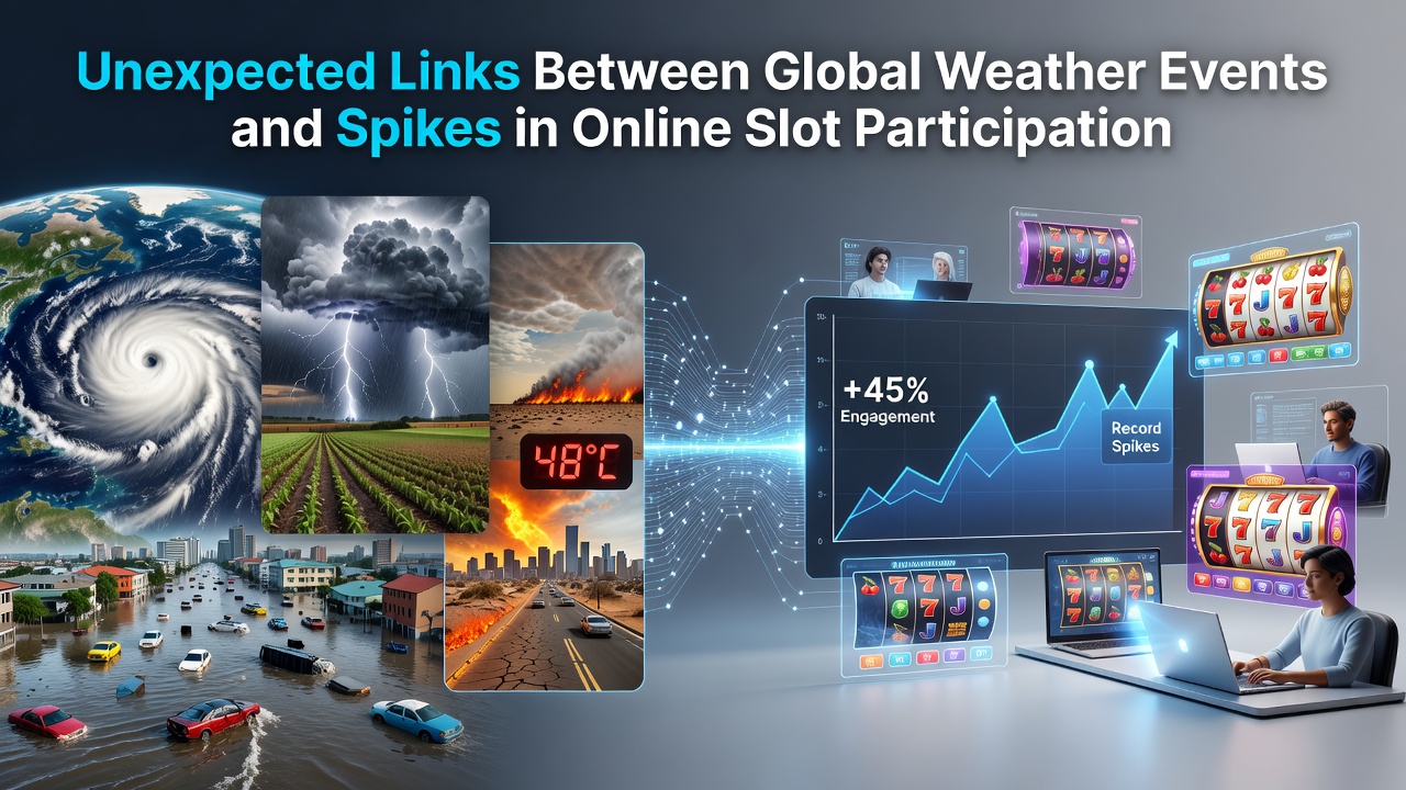 Global weather map overlaid with online slot activity graphs showing correlation spikes during storms and heatwaves