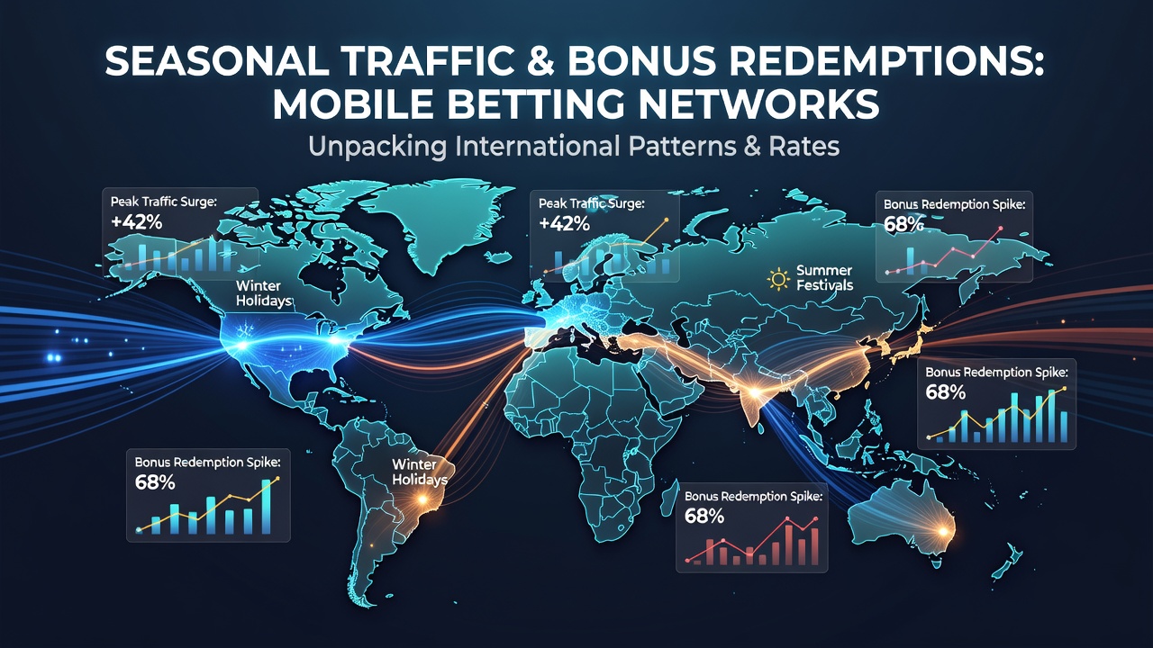 Mobile betting app interface showing seasonal traffic spikes and bonus redemption metrics on an international network dashboard