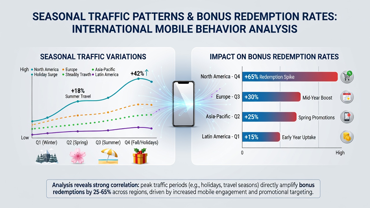 Analytics chart displaying international mobile betting traffic patterns and corresponding bonus redemption rate changes over seasonal periods